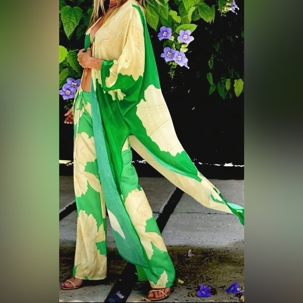 Luxury Two Piece Tropical Pants Set Kimono Kaftan Swimsuit Coverup.
